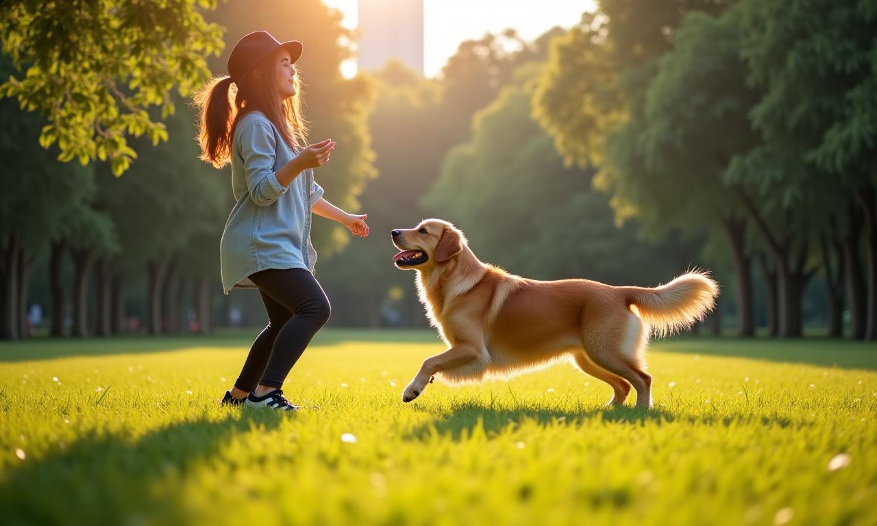 A woman and her golden retriever practicing obedience in a sunny park.