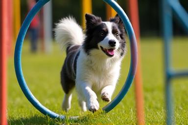 A dog jumping through a hoop at an agility course.