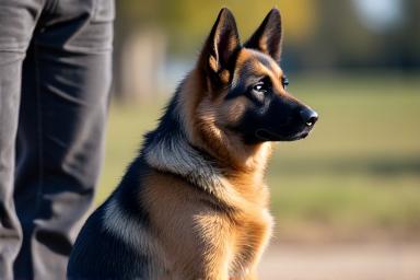 A German Shepherd sitting attentively next to its owner.